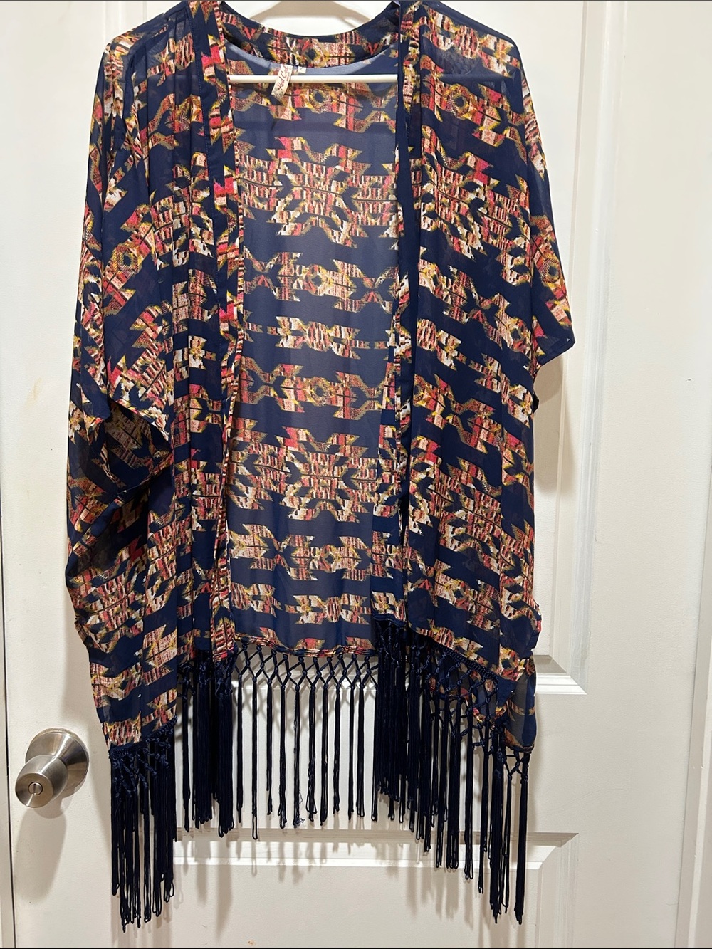 Boho Fringe Open Kimono Jacket - Navy Multicolor